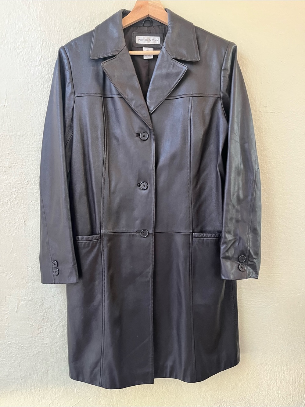Preston & York Black Leather Button-Front trench/car Coat